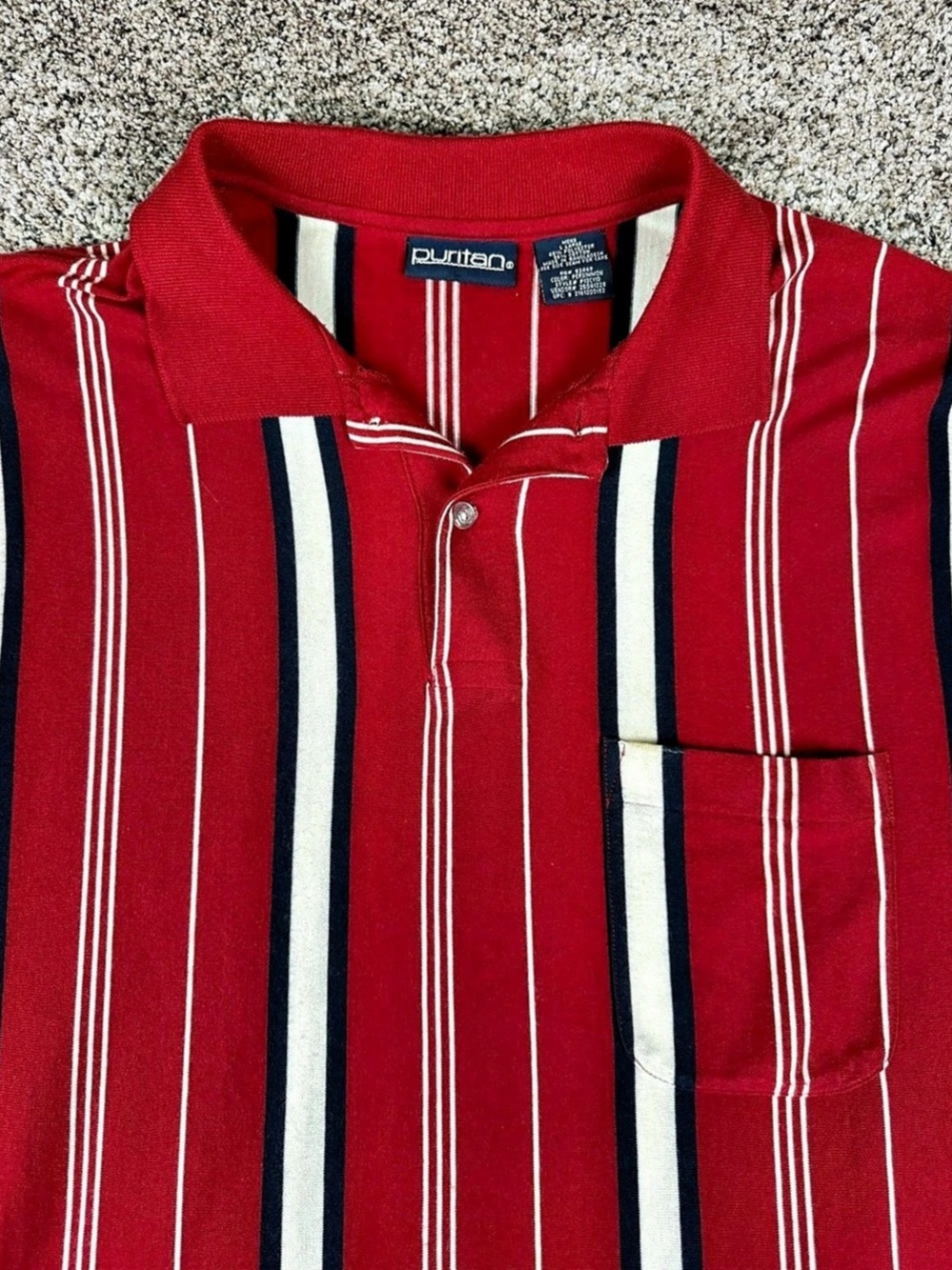 Vintage Sz Large Men’s Puritan Vertical Striped Polo Shirt Red White Blue - Picture 3 of 8